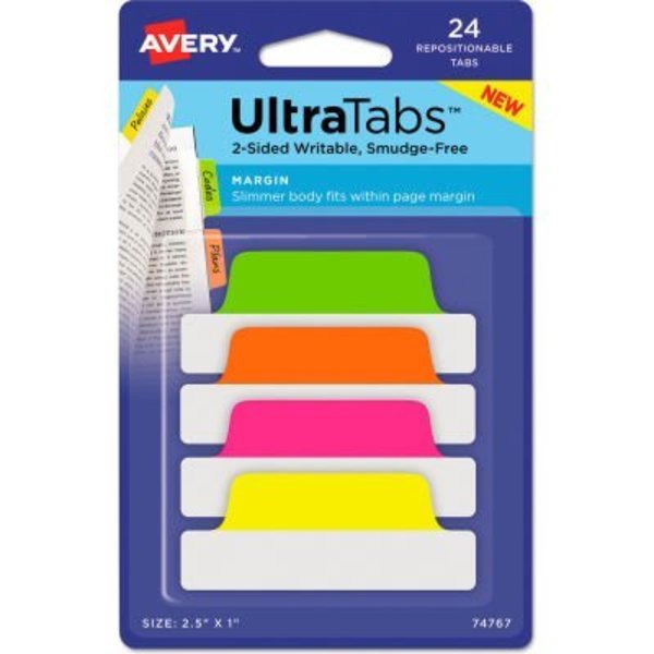 Avery Dennison Avery Ultra Tabs Repositionable Tabs, 2-1/2in x 1in, Neon: Green, Orange, Pink, Yellow, 24/Pack 74767